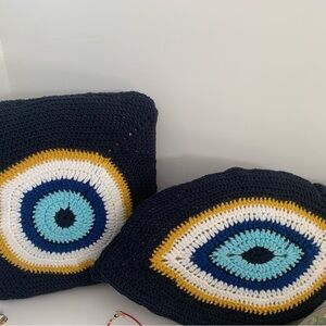 Navy and Gold Evil Eye Crochet Pillow